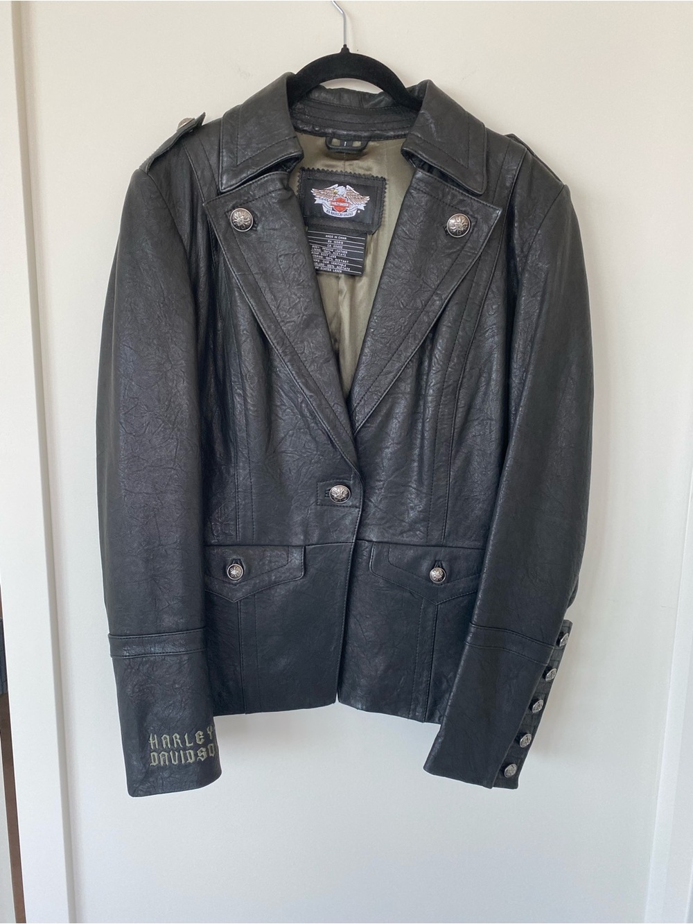 2008 Harley-Davidson Black Leather Jacket. Sleeve logo and embroidered back.